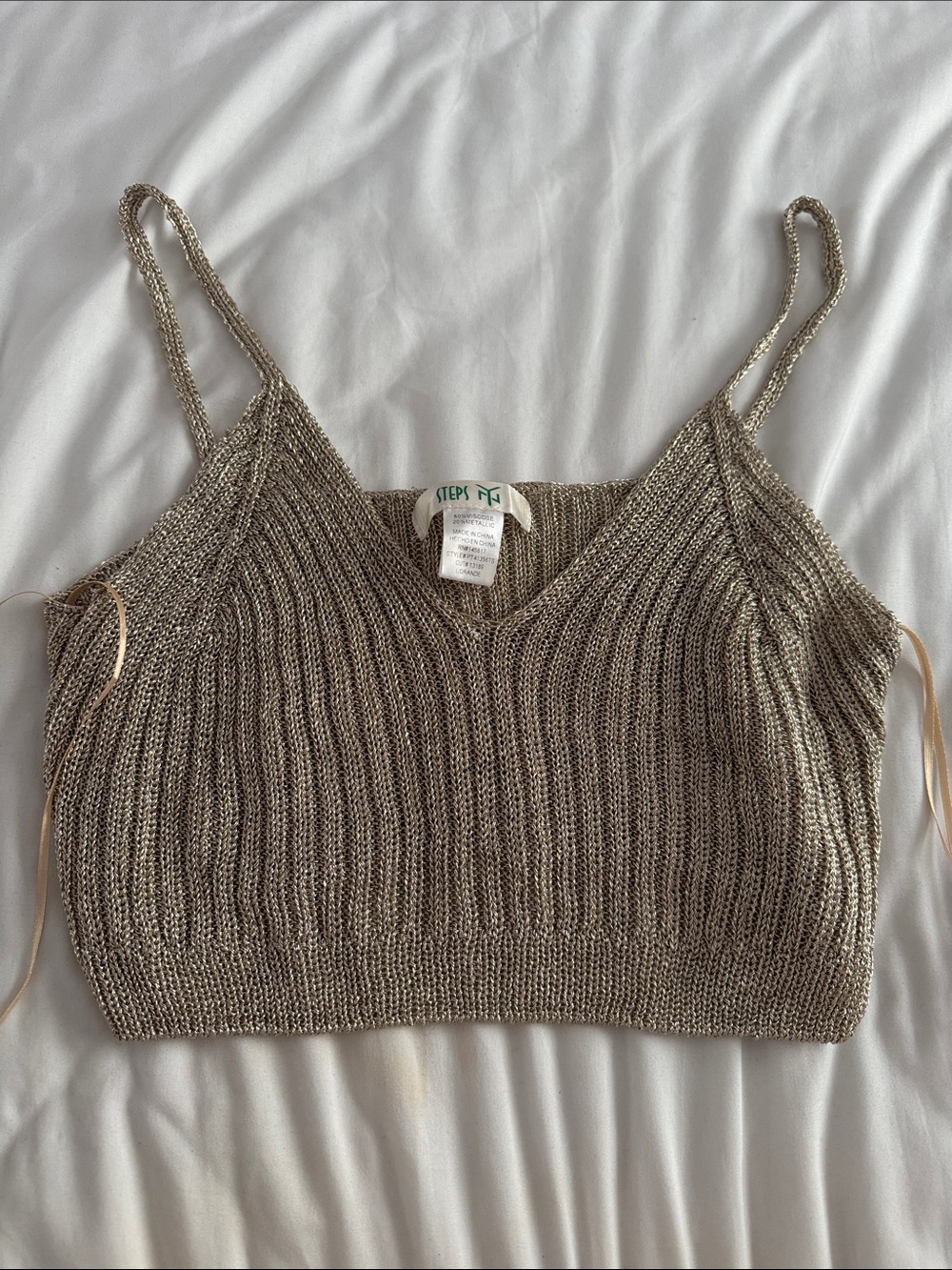 • Metallic Knit Cropped Tank Top in Neutral Taupe/Gold